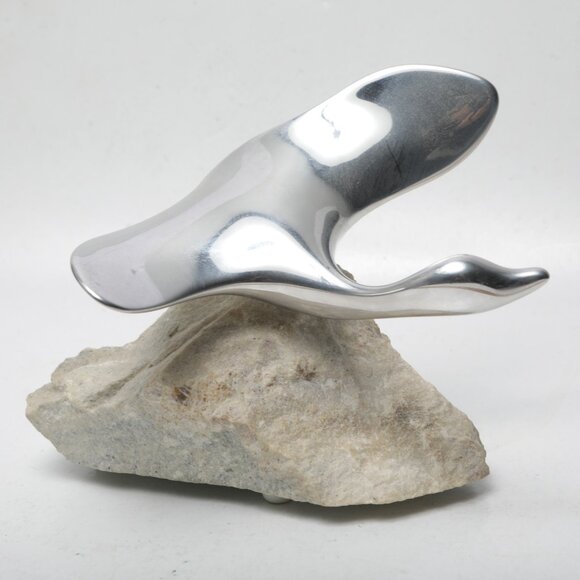 Vintage Hoselton Polished Aluminum Flying Goose Bird Sculpture Signed Art Stone - Picture 11 of 11